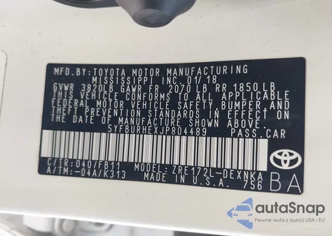 2018 Toyota Corolla Le z USA, uszkodzony, nr VIN 5YFBURHEXJP804489